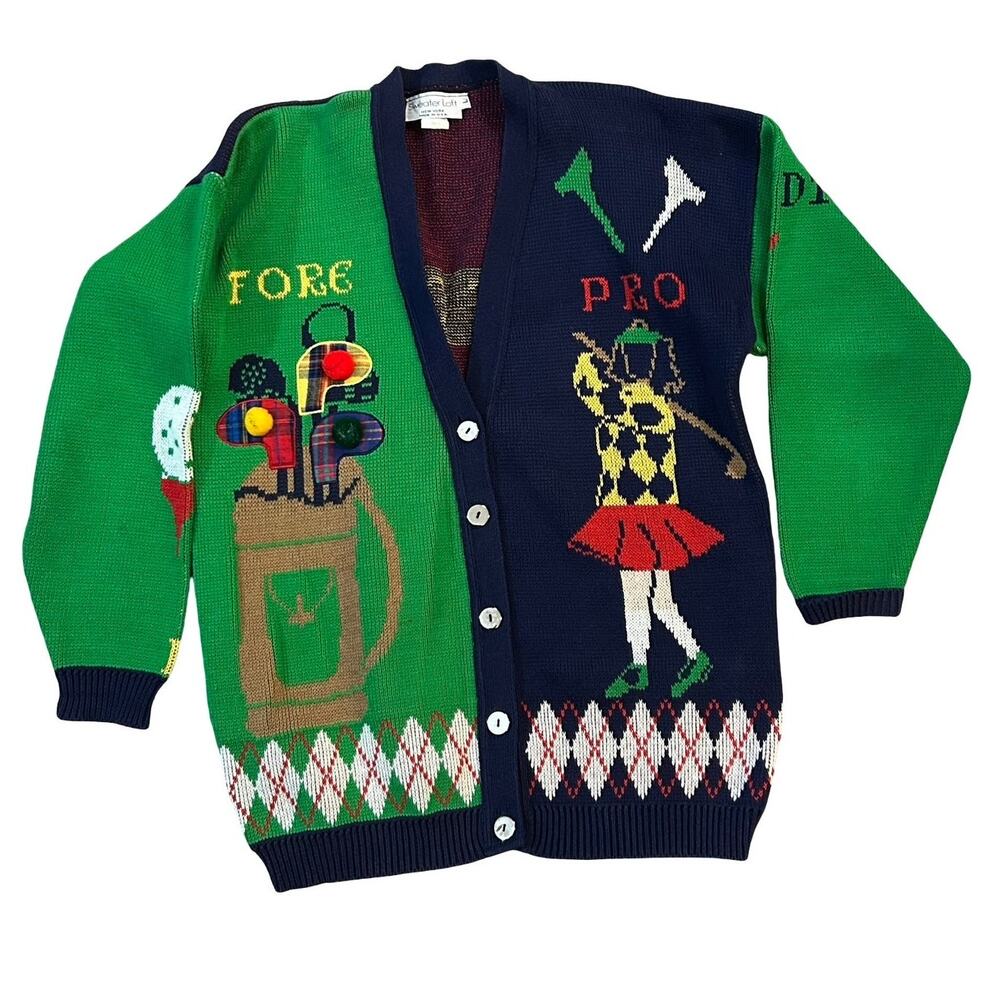 Vintage Sweater Loft Golf Novelty Cardigan Womens Large Whimsical Preppy